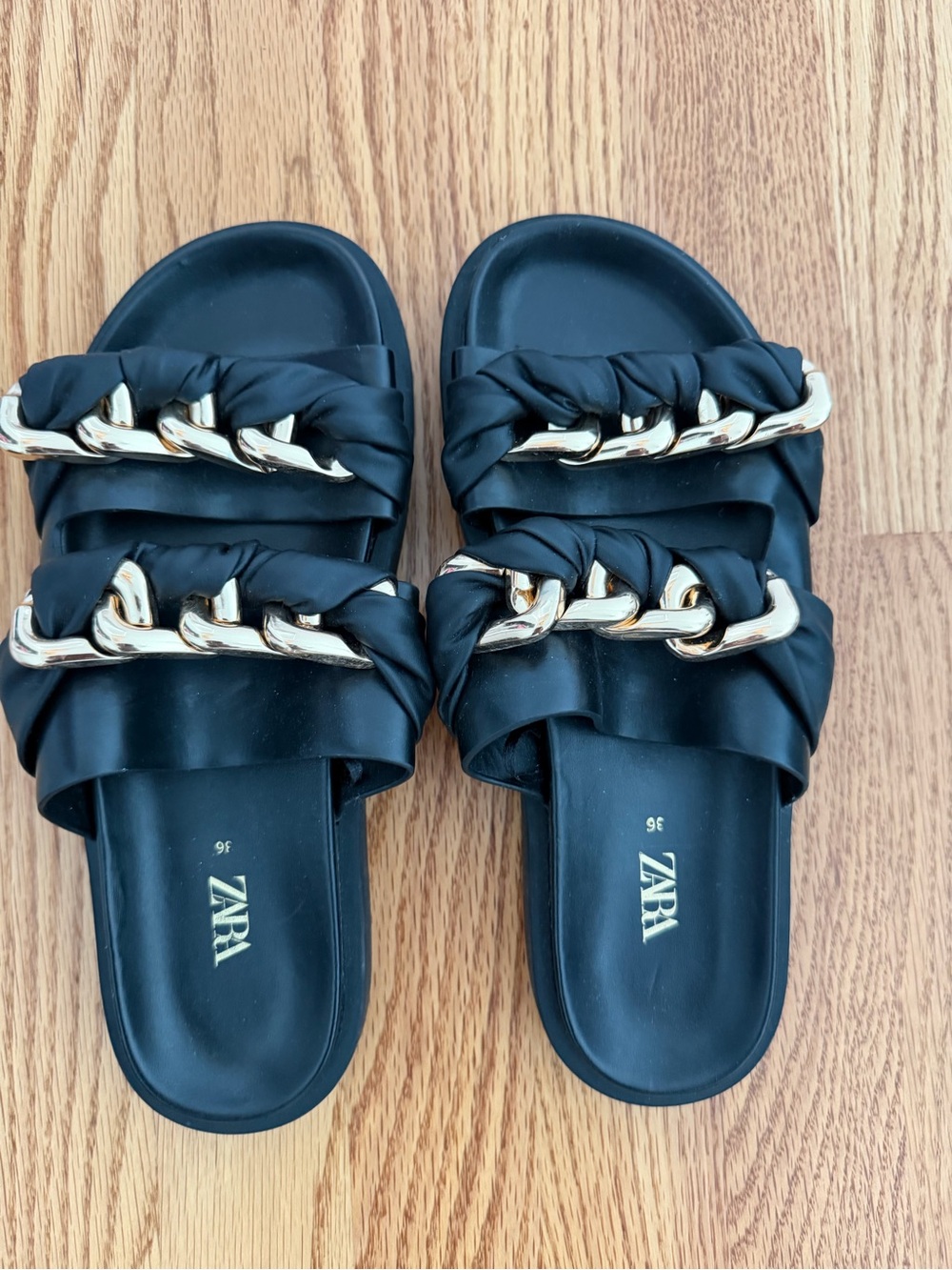 Zara Black Slide Sandals with Gold Chain Links